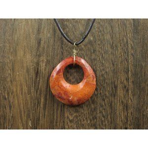 16" Sterling Silver & Leather Red Orange Stone Pendant Necklace Vintage